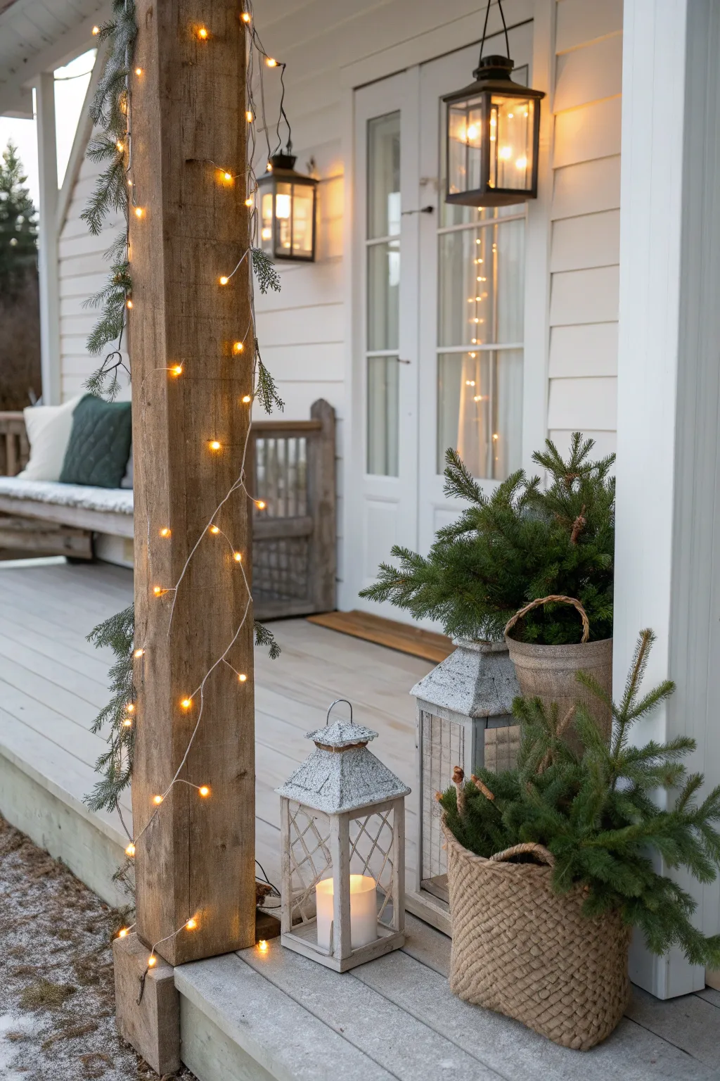 Embrace the holiday spirit with layered lighting that welcomes warmth and simplicity to your porch.