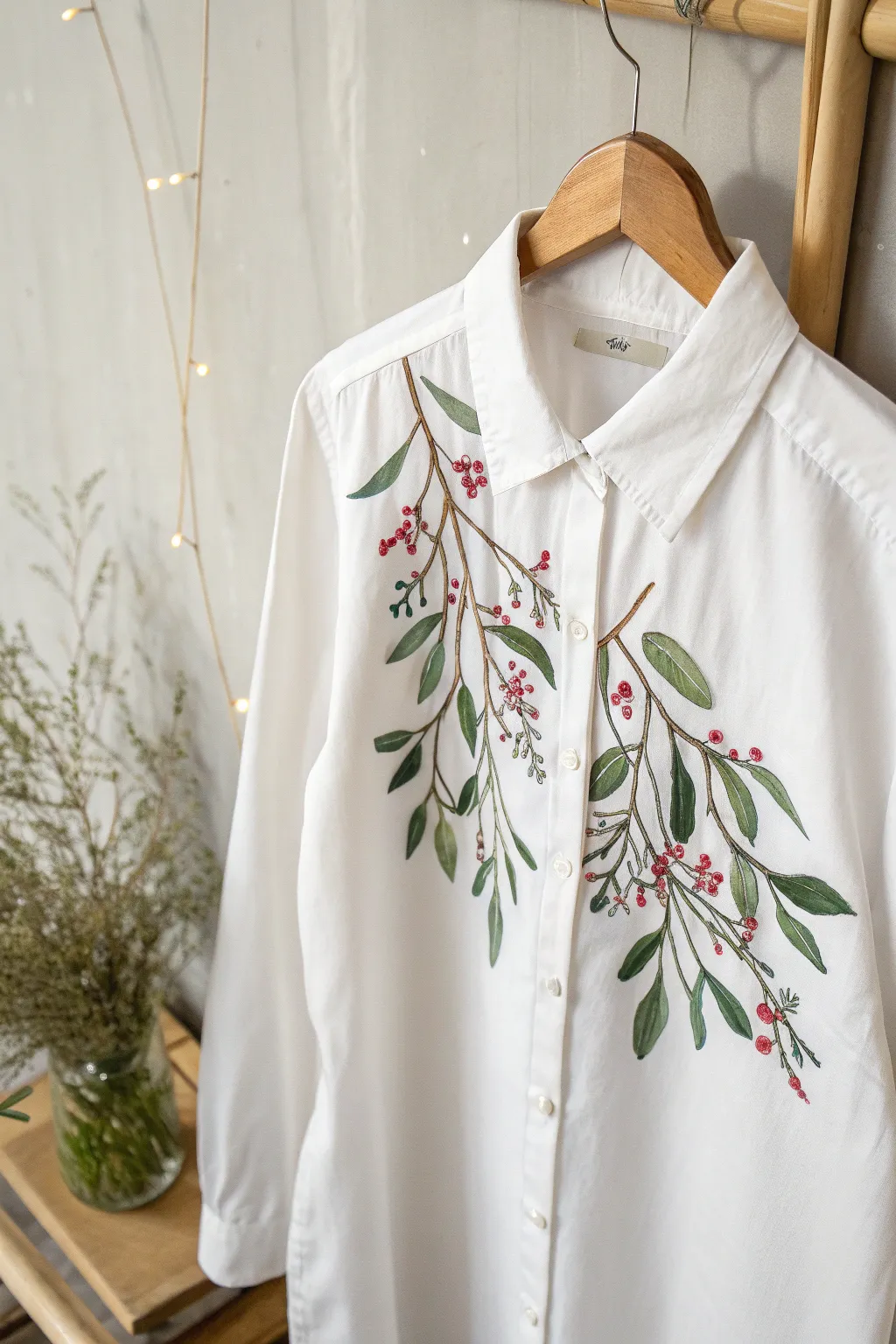 Embrace holiday romance with a hand-painted mistletoe shirt, perfect for a touch of festive charm!