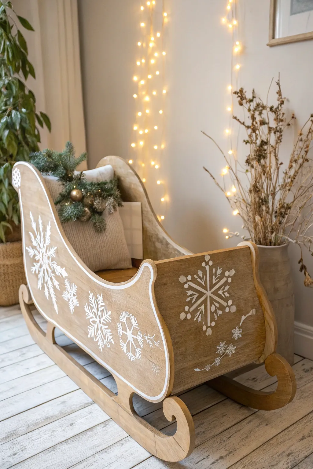 Transform your Christmas decor with a hand-painted sleigh—where Scandinavian simplicity meets Boho charm.
