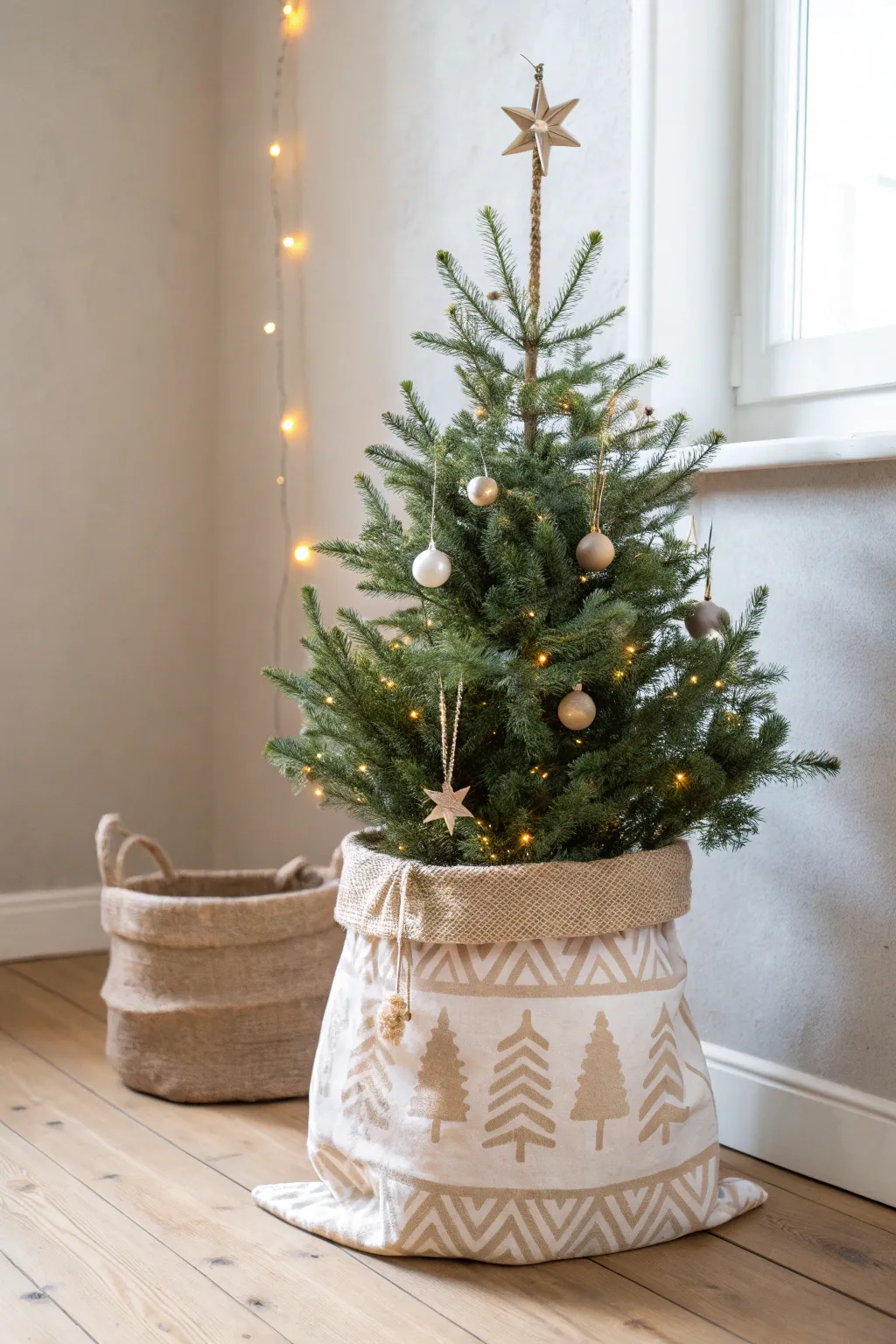 Add a touch of rustic charm to your home with a painted burlap sack tree base. Perfect for a cozy, minimalist Christmas!