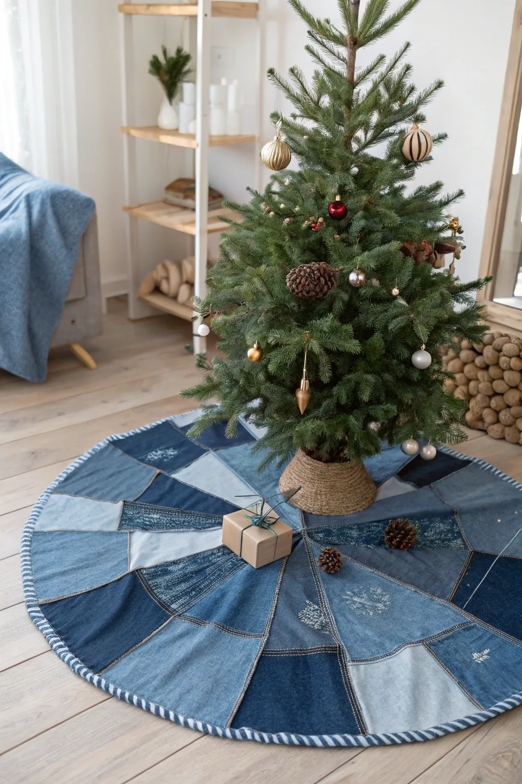 Give your Christmas tree a laid-back, eco-friendly vibe with a chic denim skirt made from recycled jeans.