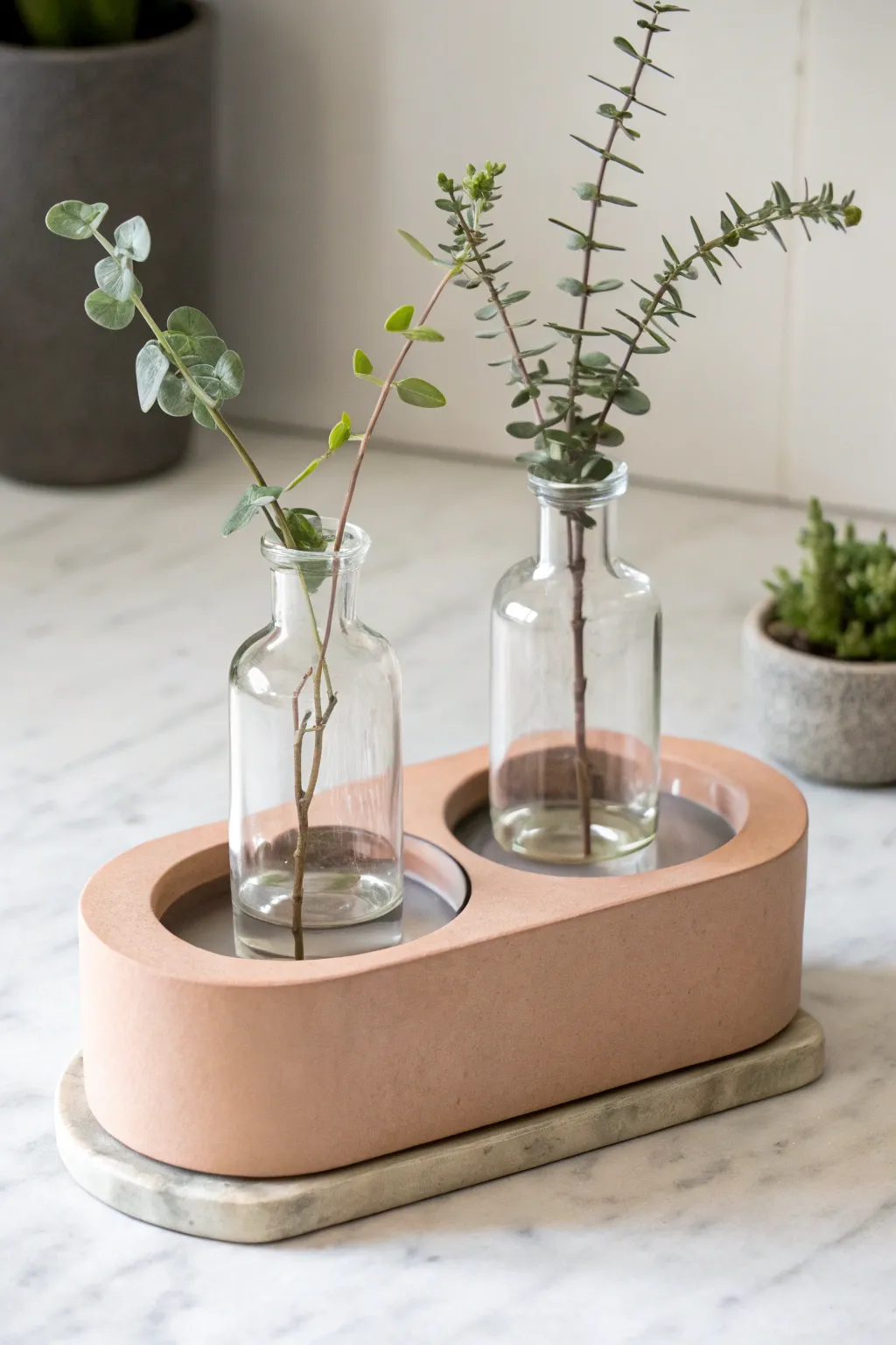 Elevate your green thumb with this chic clay and metal propagation station—a perfect blend of minimalist elegance and industrial charm.