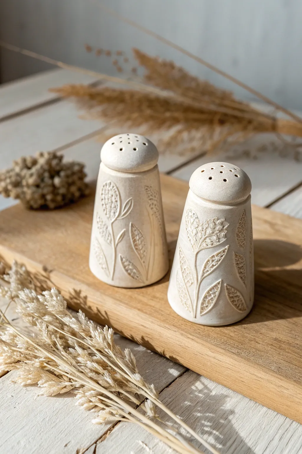 Elevate your table setting with these beautifully textured, handcrafted clay shakers. #DIYDecor #ScandinavianStyle