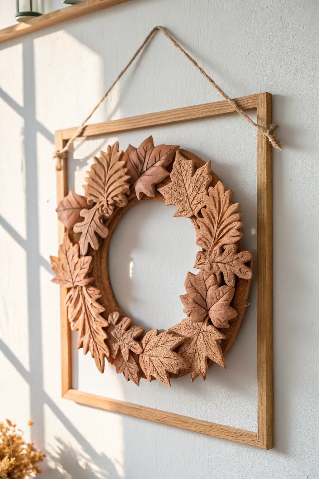 Welcome autumn with a handcrafted clay wreath that embodies elegance and simplicity.