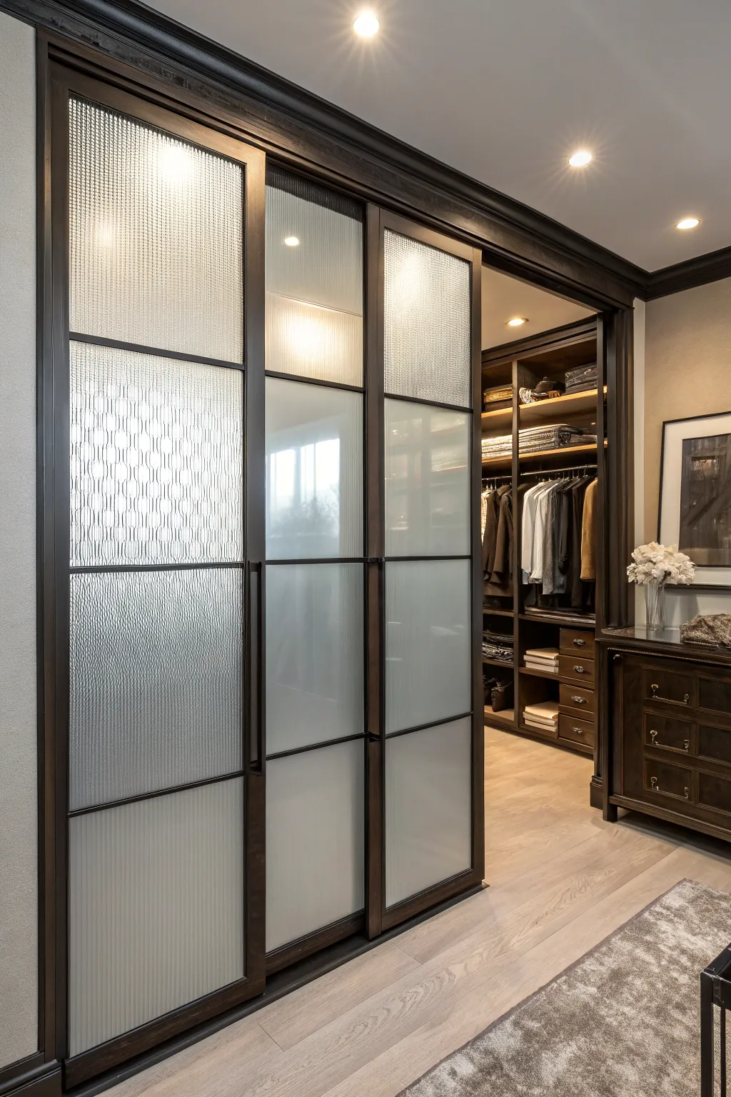 Elevate your space with modern frosted glass closet doors: privacy and style in perfect harmony.