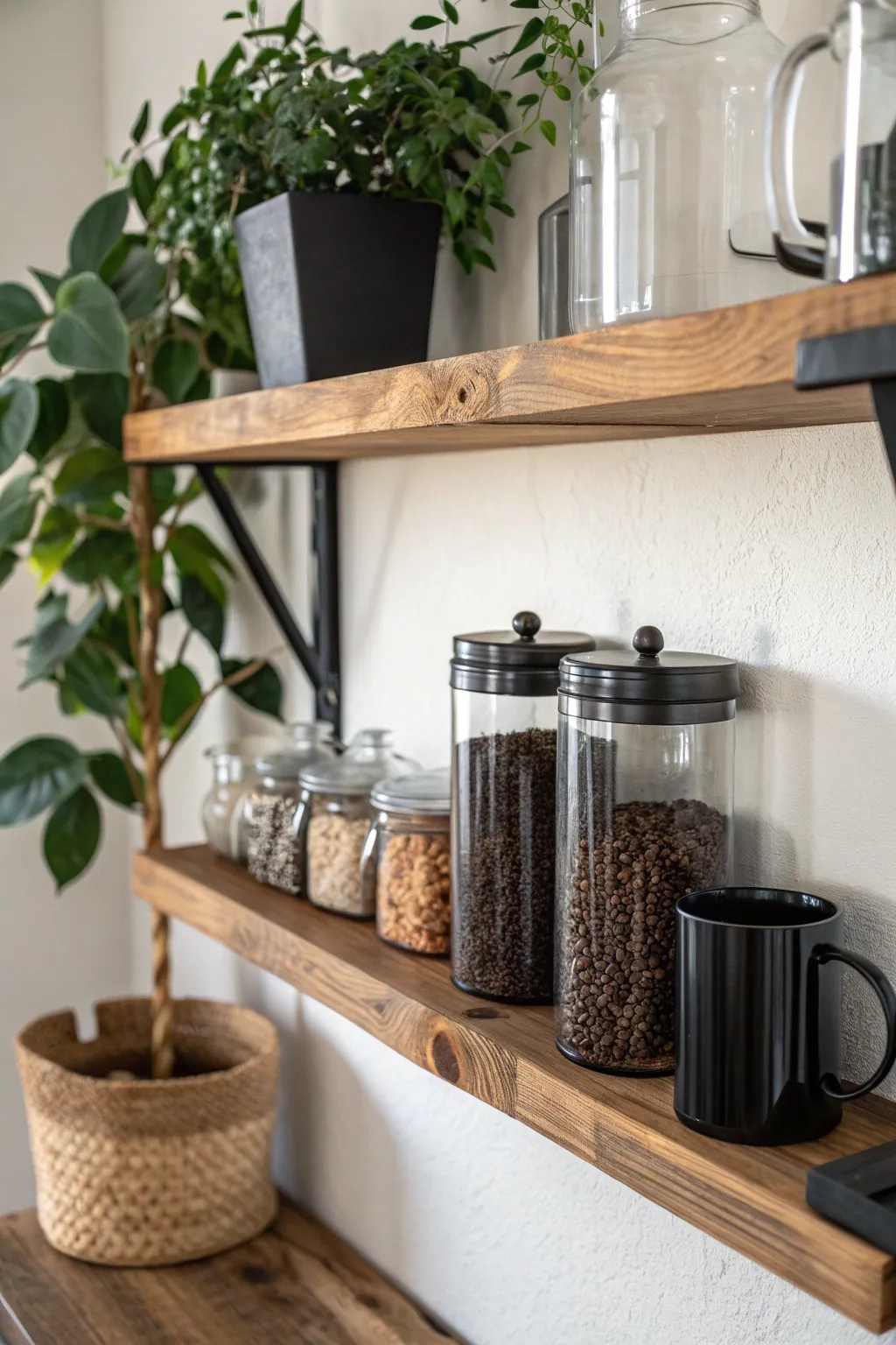 Elevate your coffee corner with a chic blend of wood, metal, and glass for a touch of Scandinavian-Boho charm.