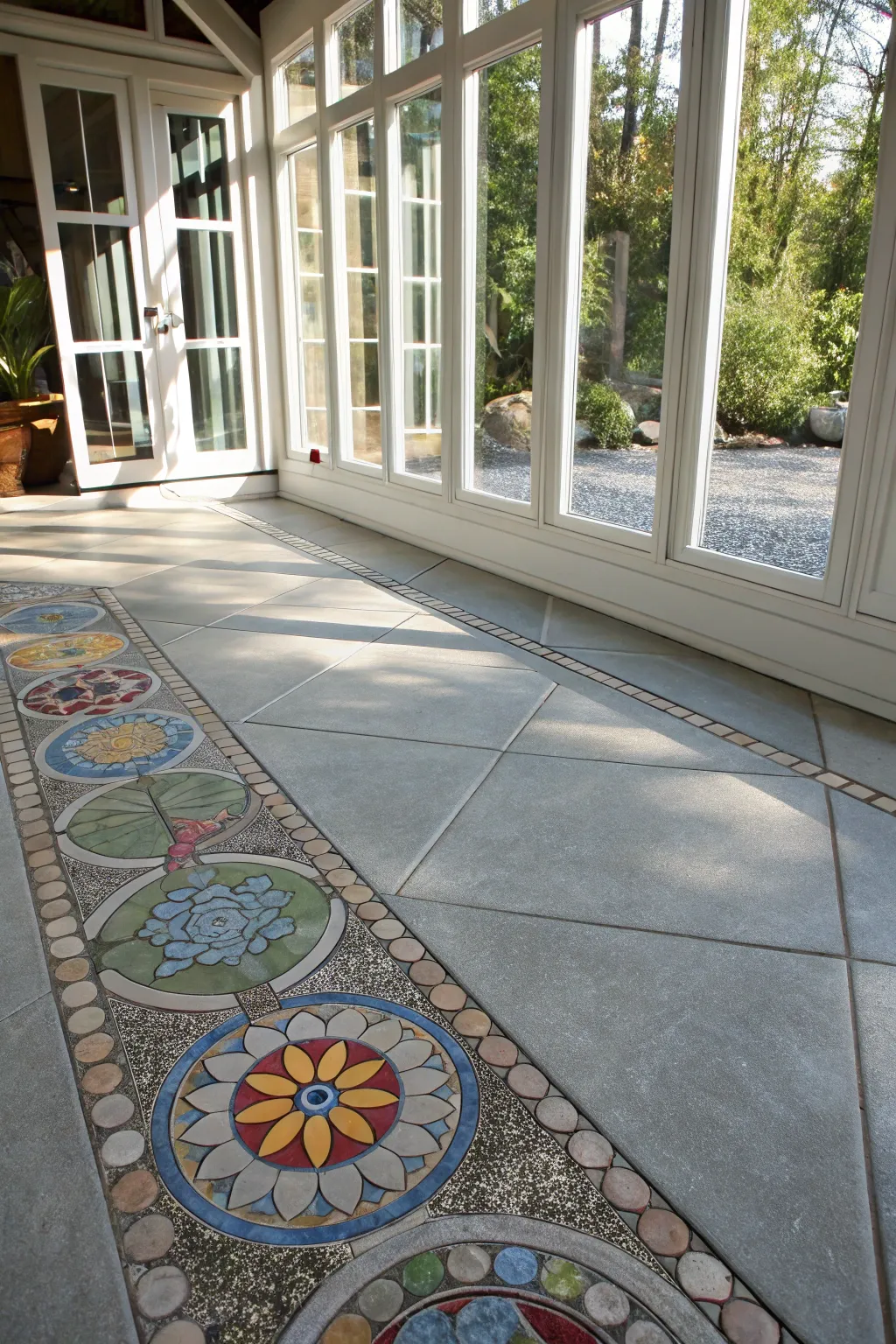 Transform your space with the vibrant artistry of mosaic inlays on sleek concrete floors.
