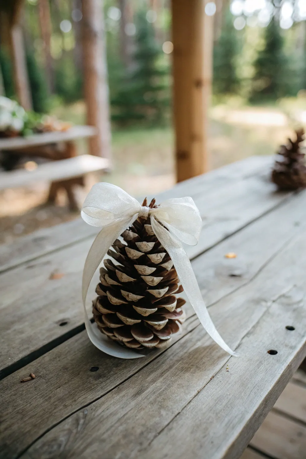 Transform rustic pinecones into elegant accents for your country wedding decor.