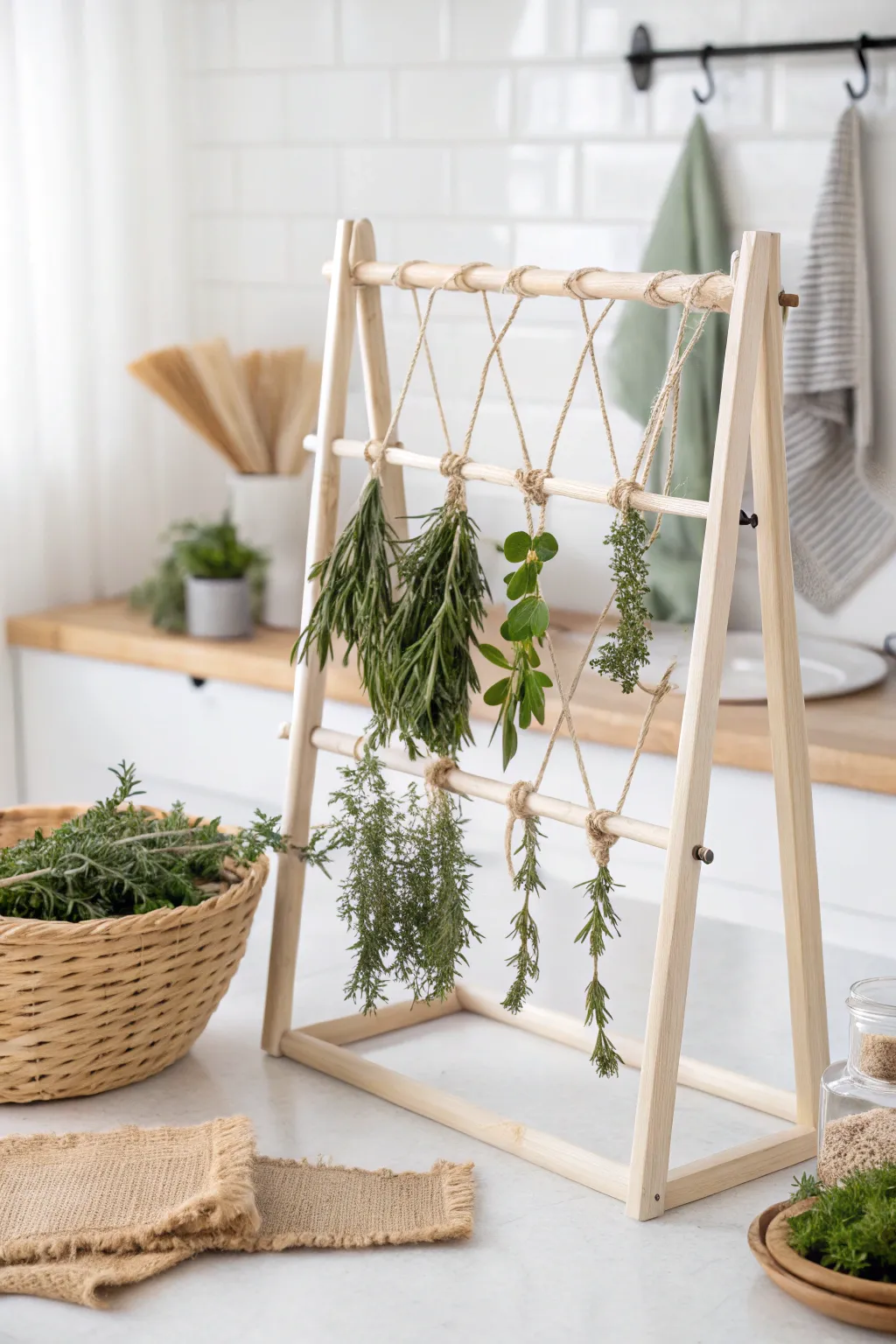 Elevate your kitchen aesthetics with a DIY herb drying rack: Simple, beautiful, and functional.