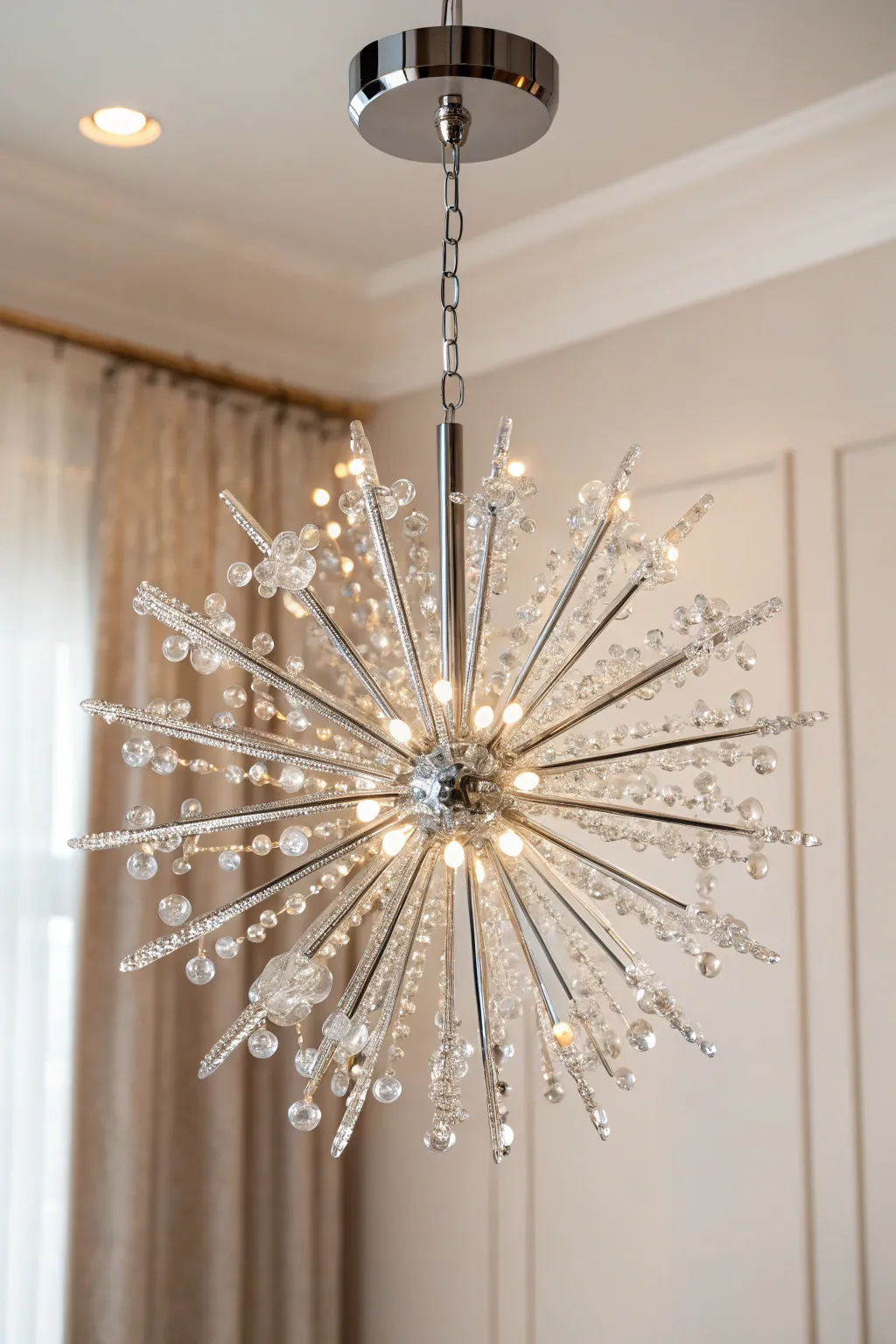 Transform your space into a celestial haven with this stunning DIY crystal starburst chandelier.