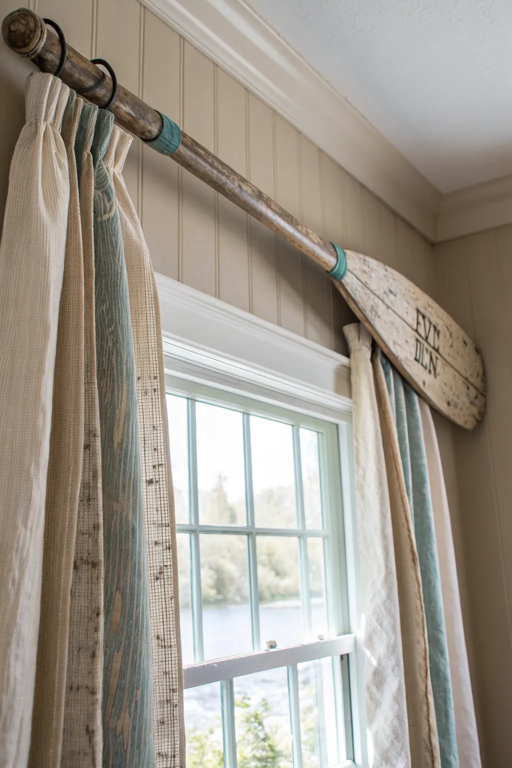 Transform your space with a touch of nautical nostalgia: a vintage oar curtain rod.