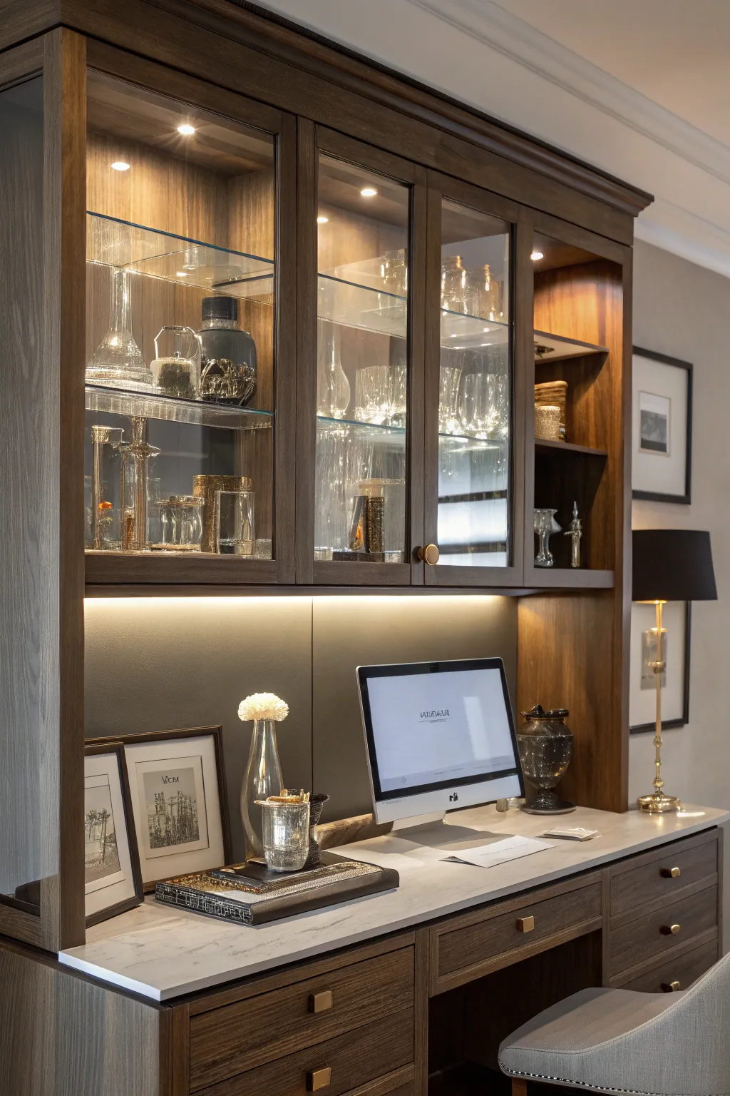 Elevate your workspace with a sleek glass panel hutch, combining elegance and functionality.
