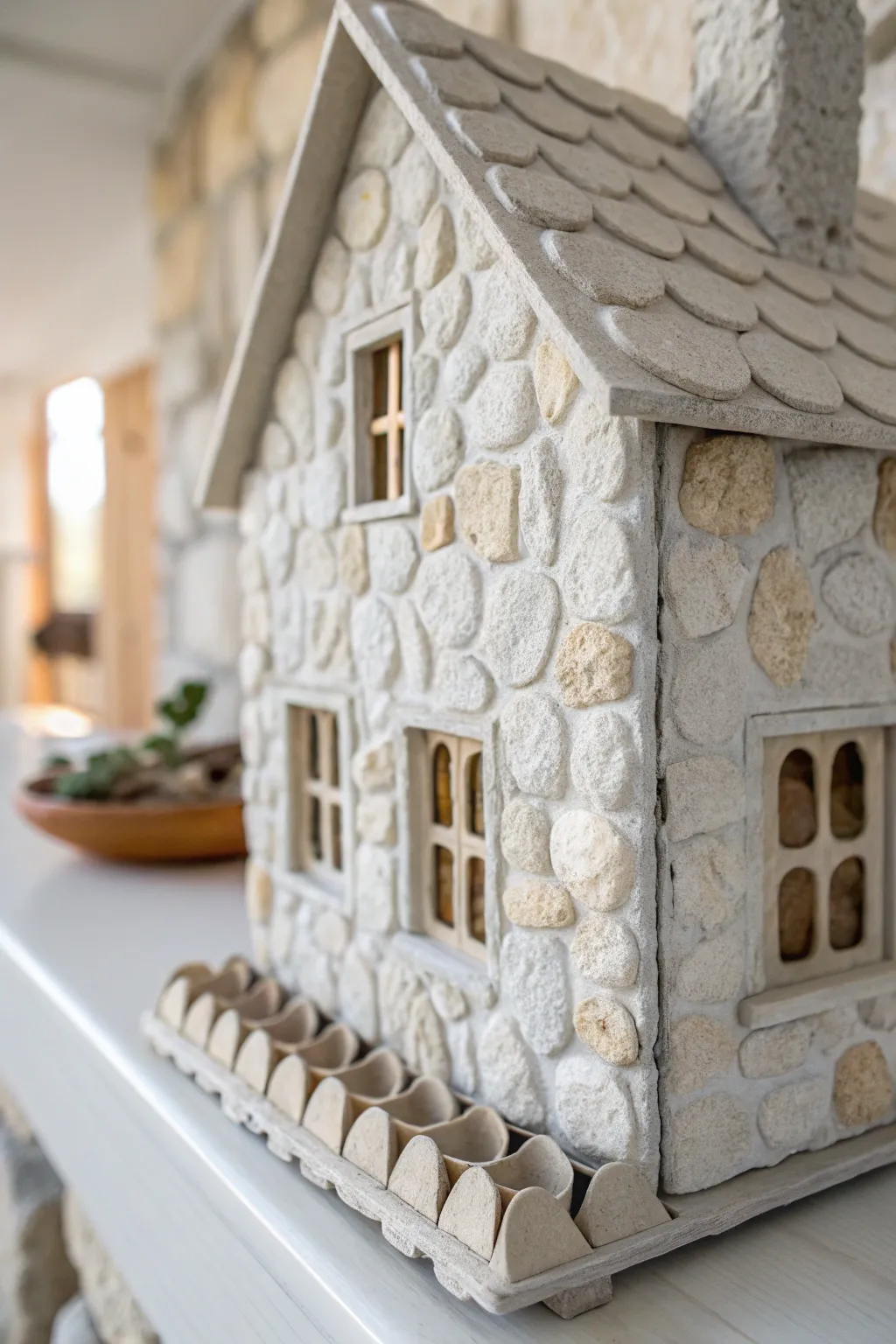 Transform your dollhouse with DIY stone walls using egg cartons—where simplicity meets natural beauty.