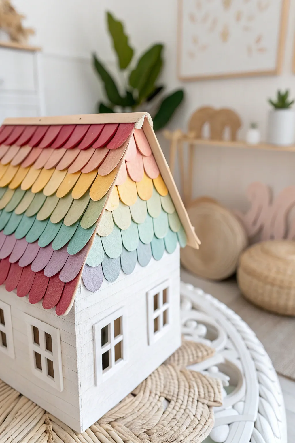 Bring your dollhouse to life with a touch of vibrant elegance using layered paper strips for a stunning roof design.