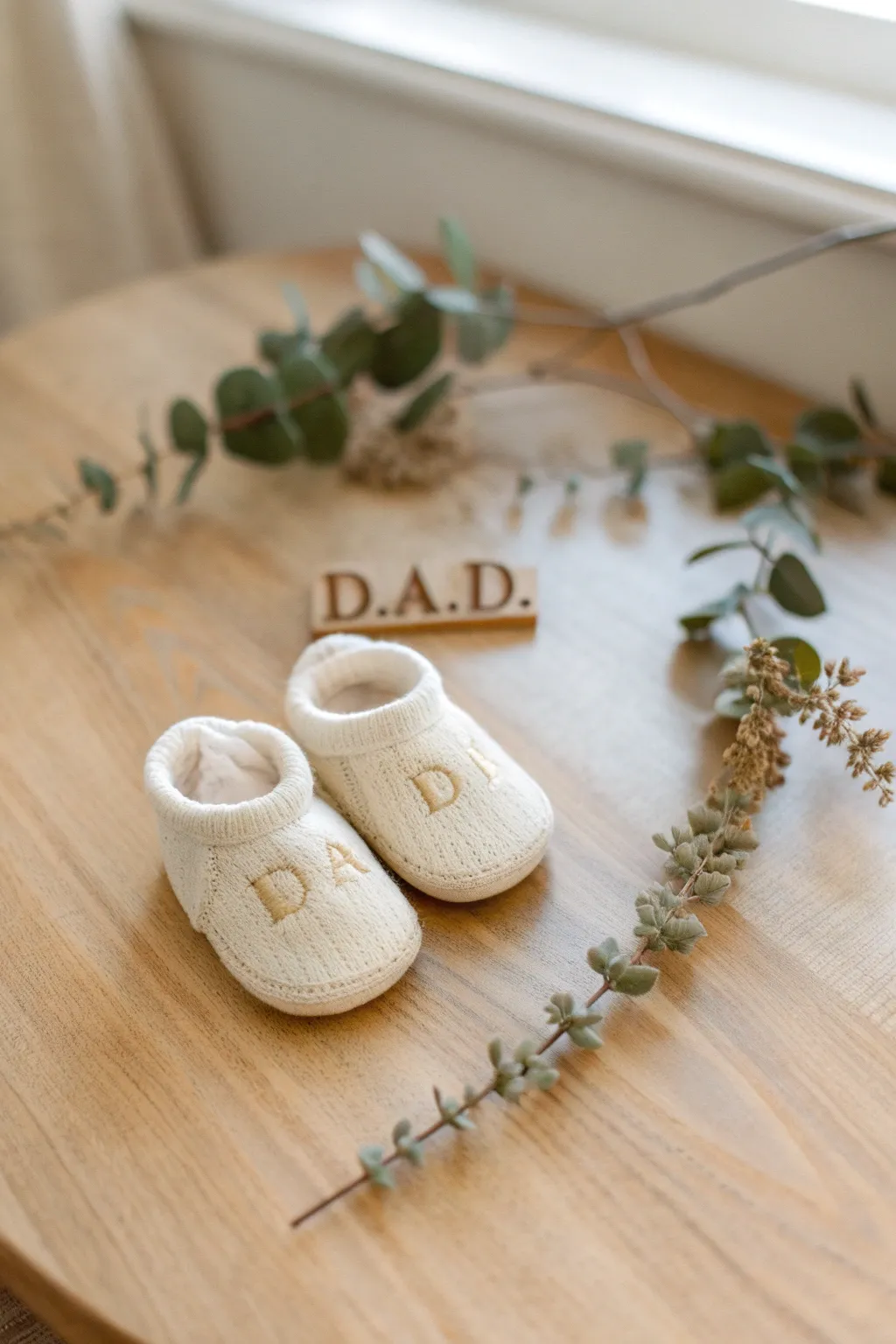 Crafted with love: Personalized baby booties that warm dad's heart and create cherished memories.