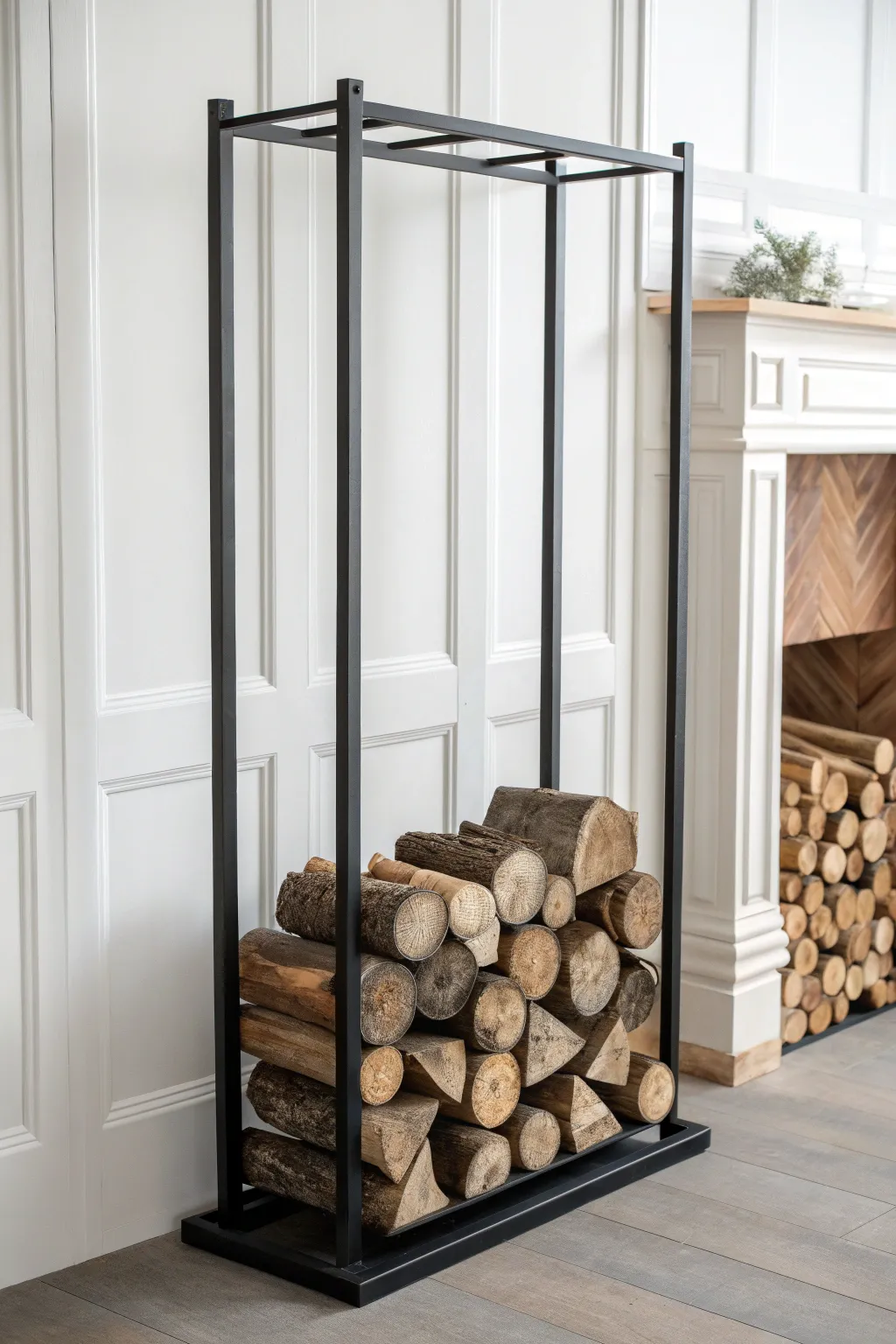 Elevate your space with a minimalist metal firewood rack that combines style and functionality.