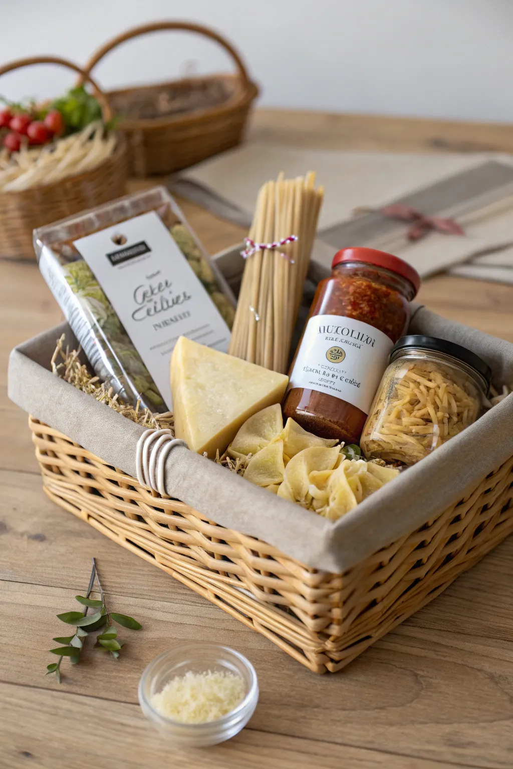 Craft the perfect Pasta Night Gift Basket: a touch of gourmet delight wrapped in minimalist elegance.