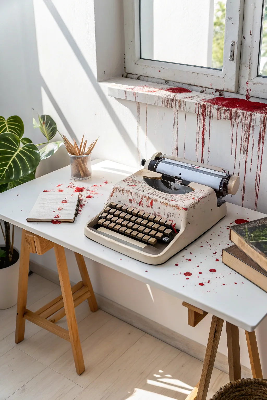 Unleash your creative spirit with a touch of Halloween horror on your office desk. This vintage typewriter gets a gory makeover for an unforgettable aesthetic.