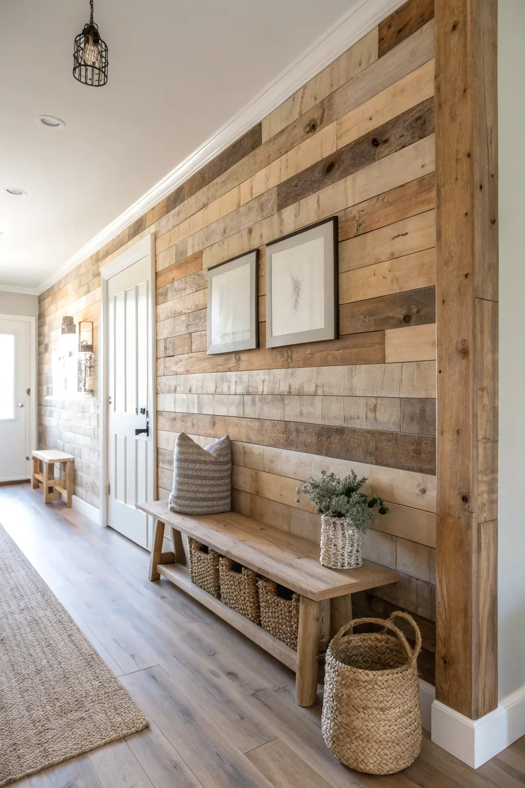 Transform your hallway with a stunning wood panel accent wall that exudes warmth and simplicity.