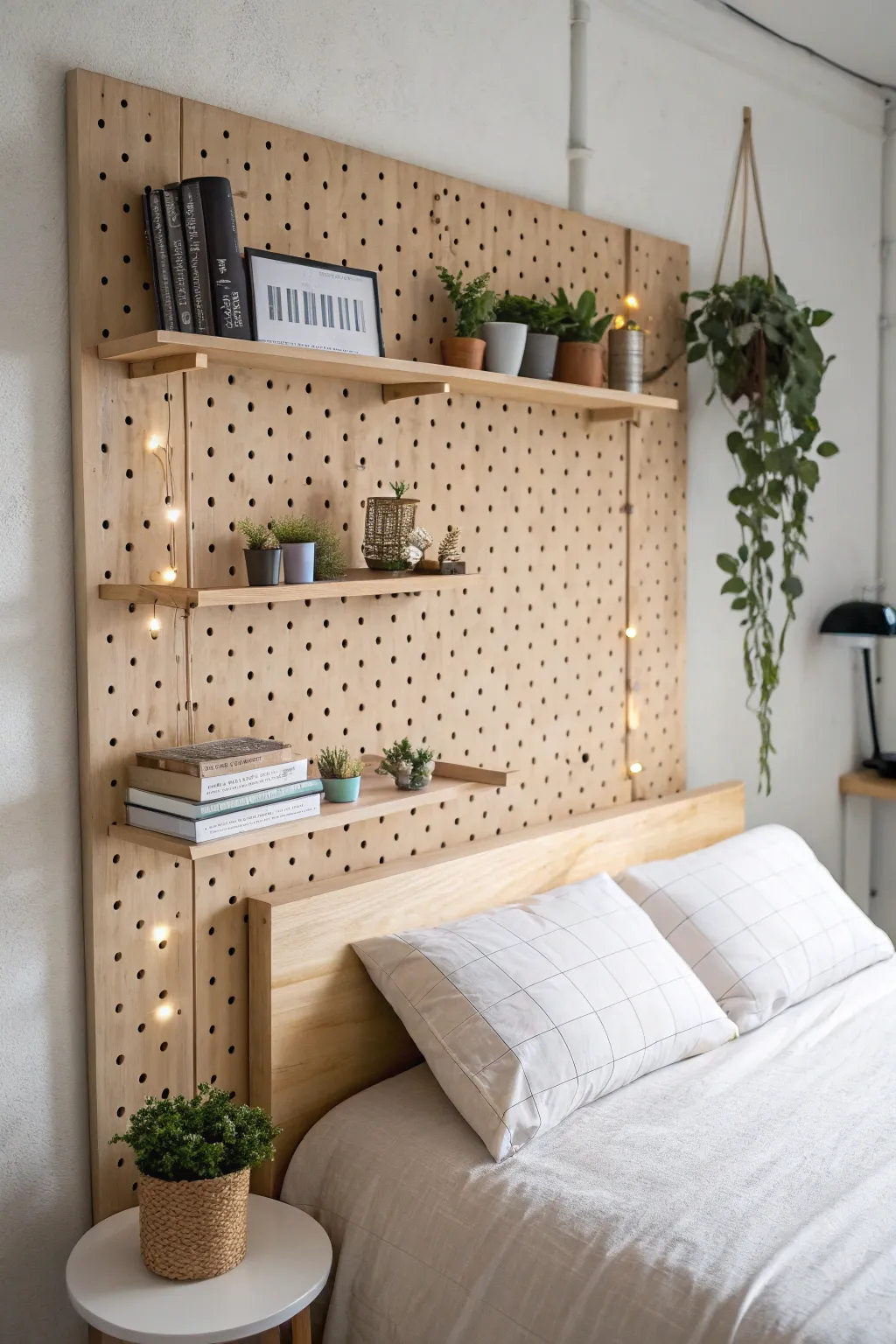 Transform your bedroom with a customizable pegboard headboard that marries style and functionality.