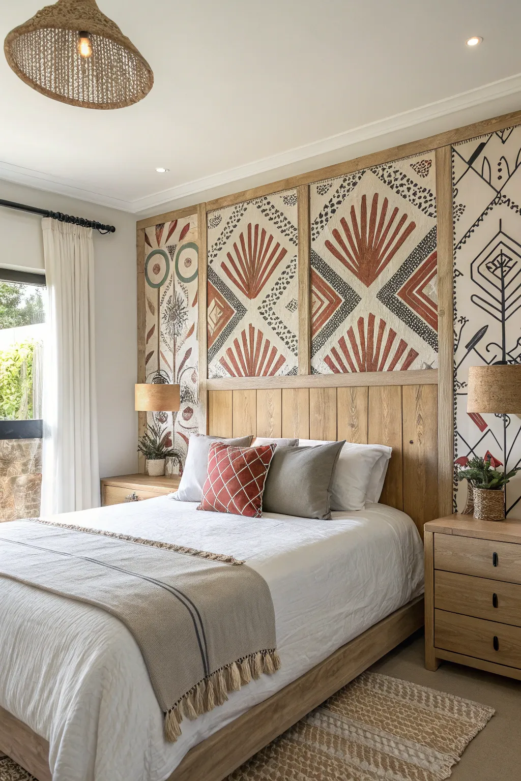 Transform your space with a bold wallpaper headboard for a touch of artistic elegance.