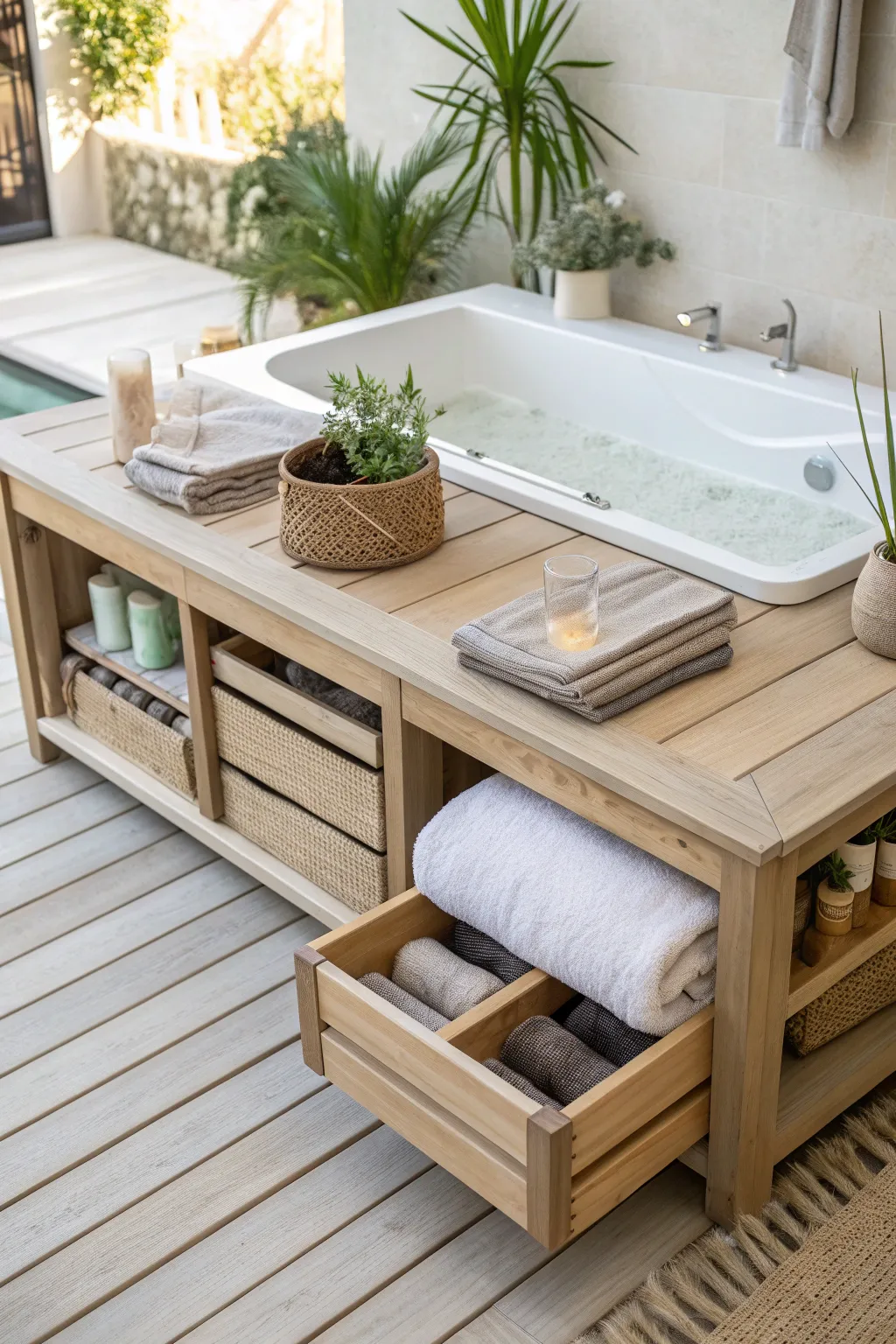 Elevate your hot tub experience with sleek storage solutions – where Scandinavian minimalism meets Boho charm.
