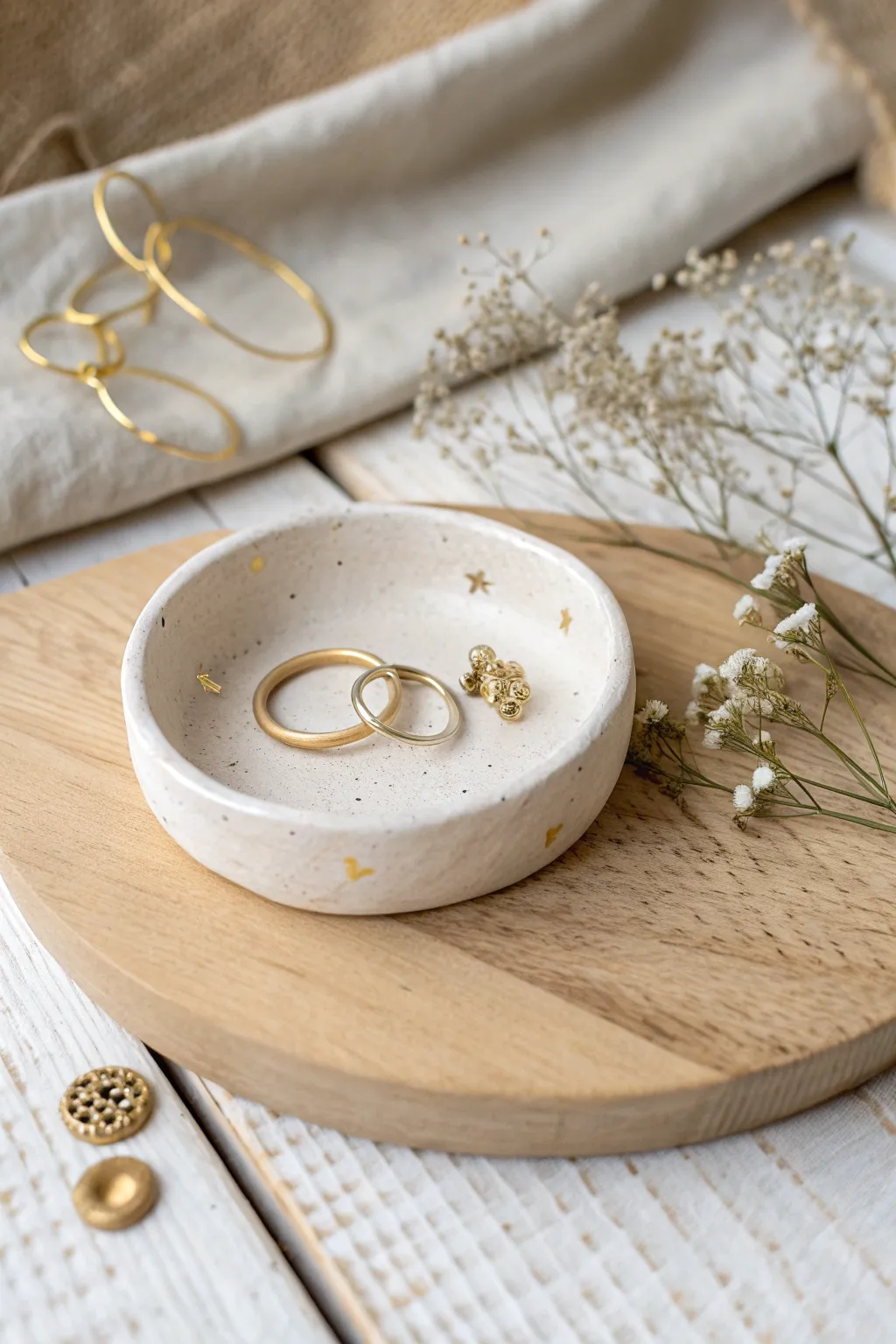 Crafted elegance: a minimalist clay ring dish with gold accents, perfect for your bedside serenity.