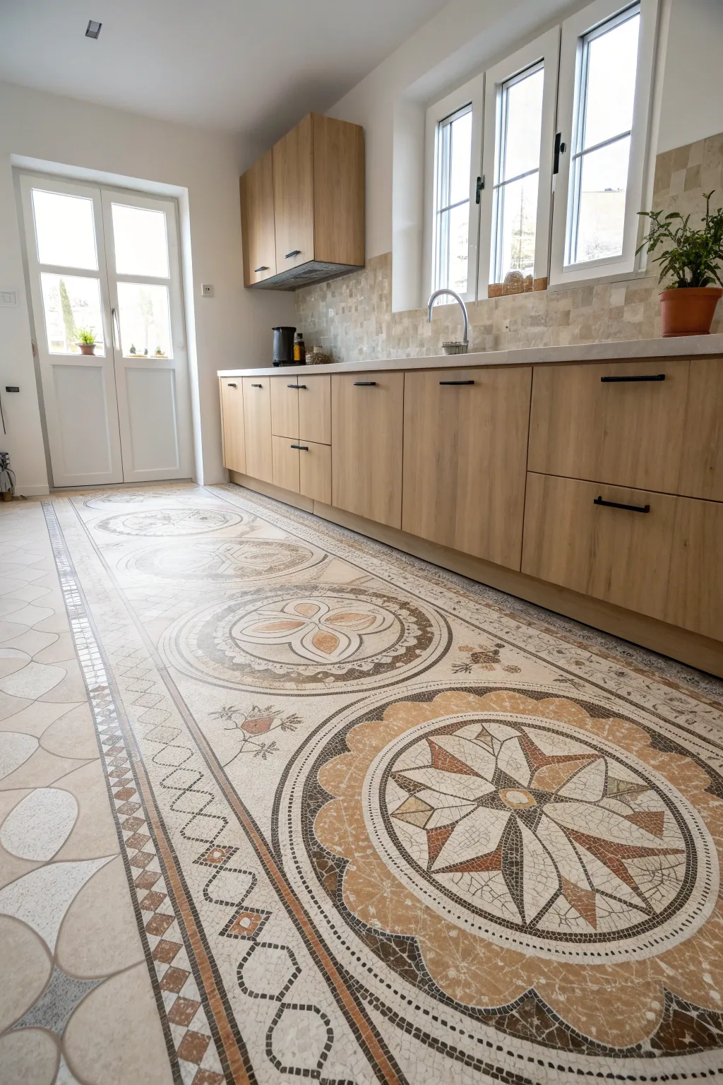 Transform your kitchen with a stunning DIY mosaic floor, blending Scandinavian simplicity with Boho creativity.