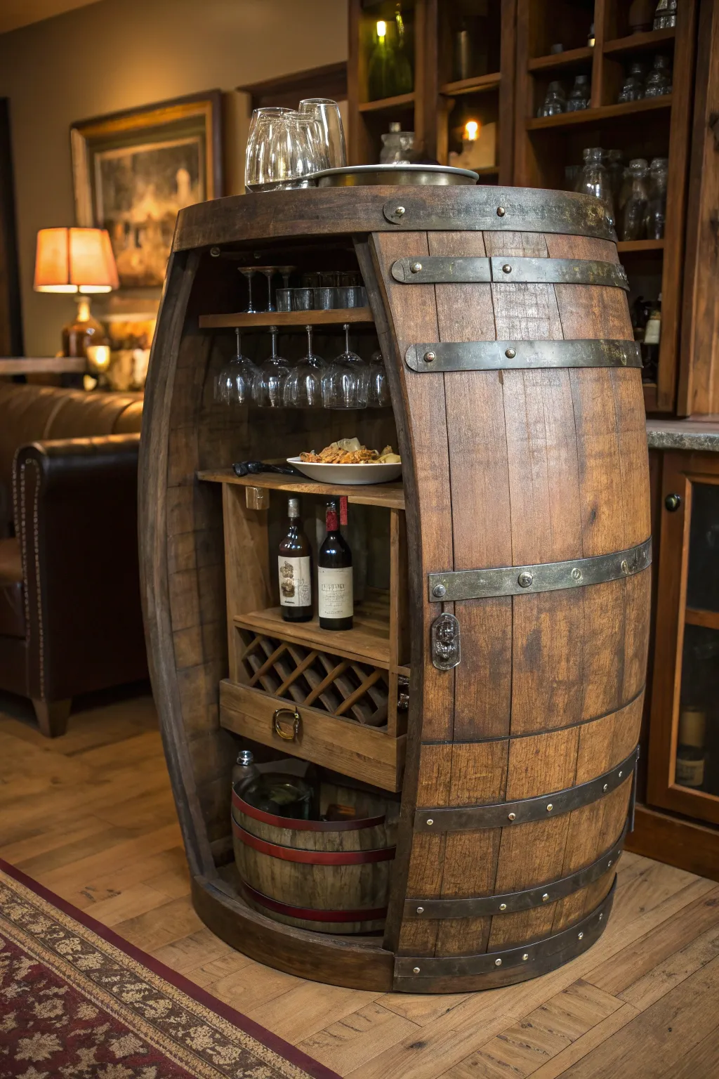Transform tradition into style with this rustic wine barrel cabinet.