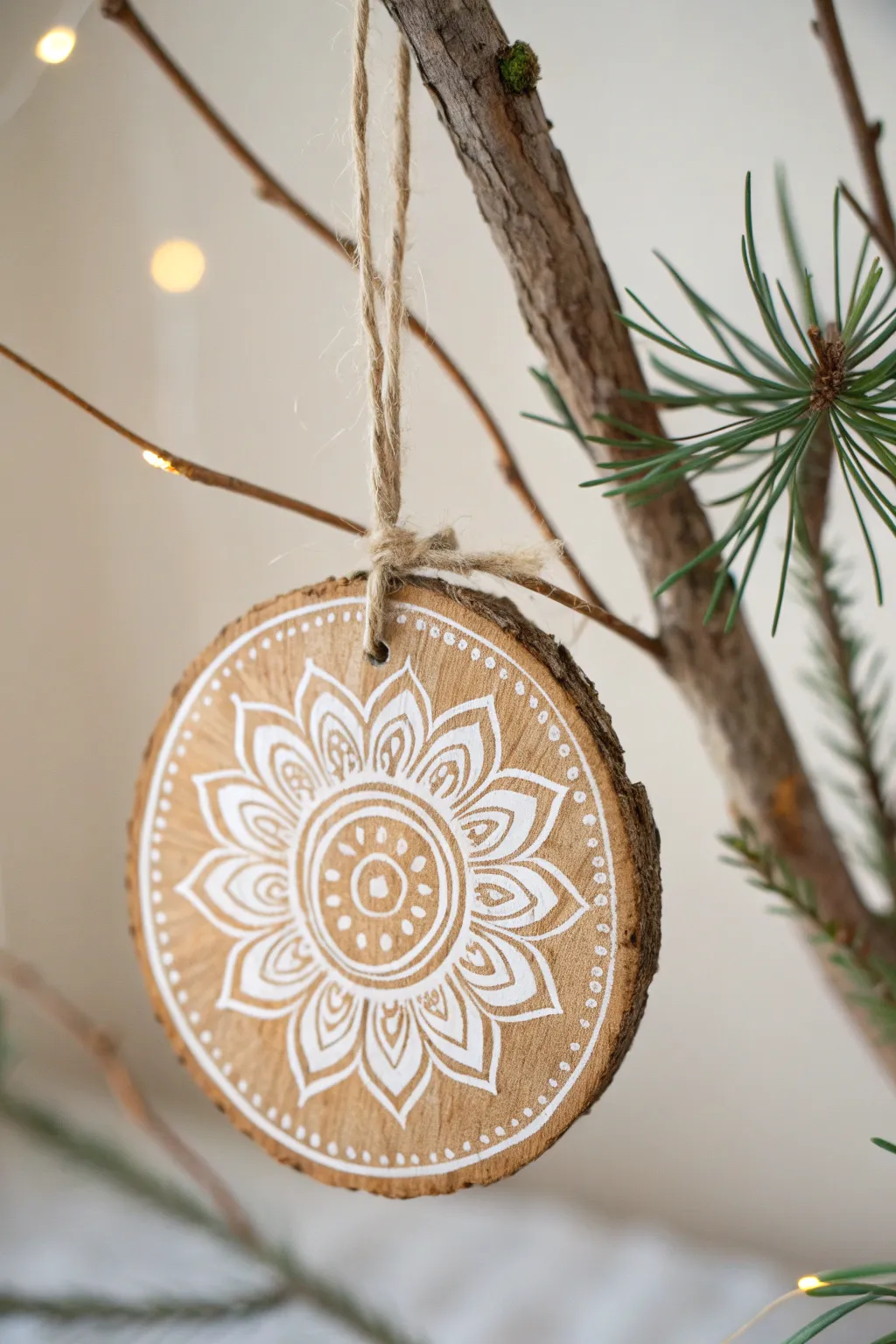 Celebrate the season with handcrafted charm: minimalist log slice ornament with Boho flair.