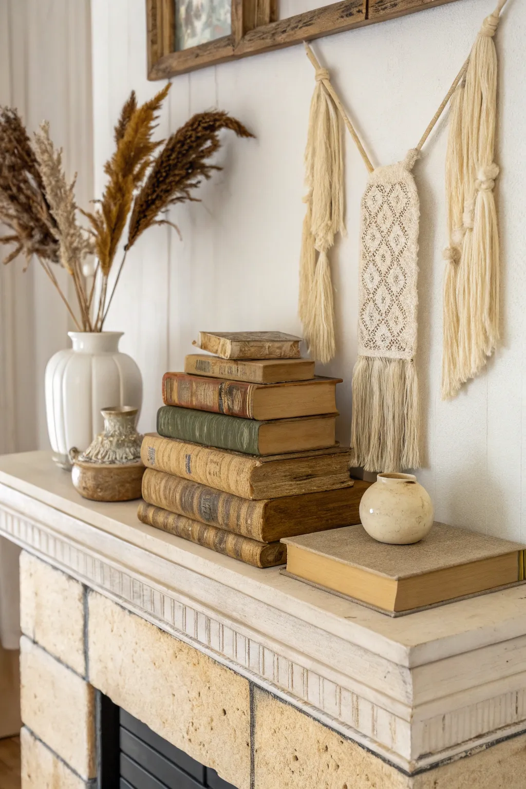 Timeless charm meets minimalist beauty with a vintage book display on your mantel.