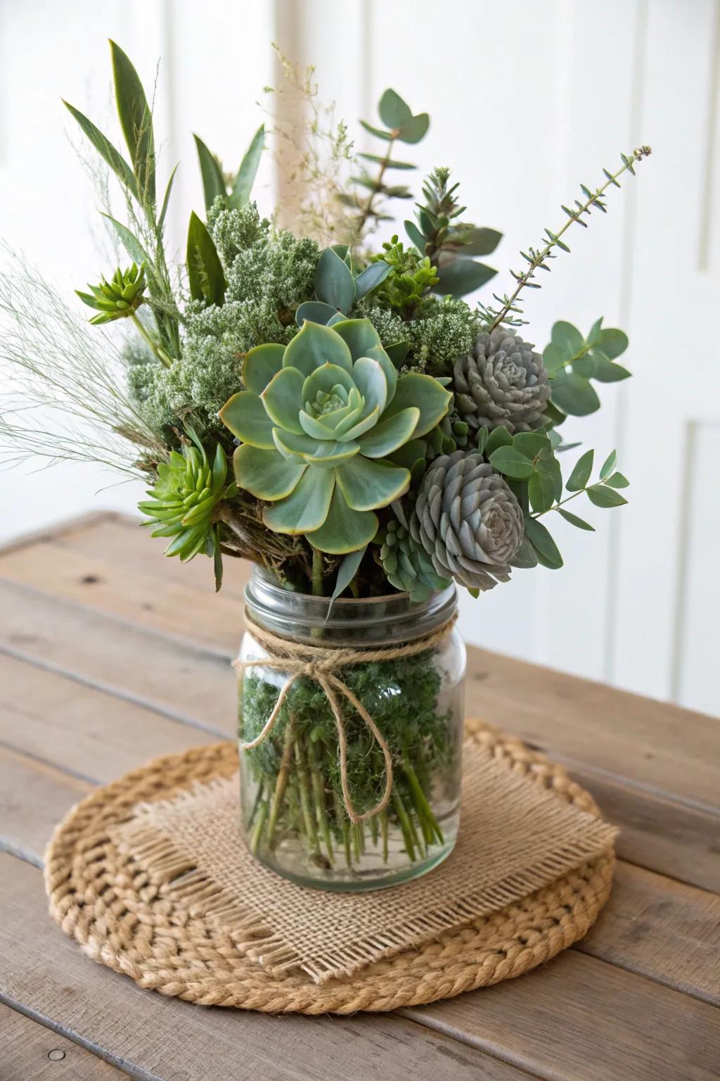 Embrace sustainable elegance with a succulent-filled mason jar centerpiece, perfect for an eco-friendly baby shower.
