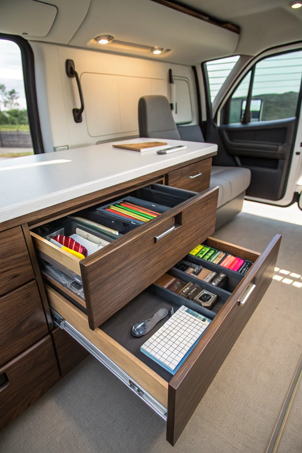 Transform your mobile office with these custom walnut storage drawers for ultimate organization and style.