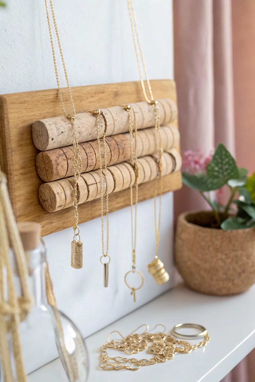 Transform wine corks into a chic necklace organizer with a touch of rustic elegance.