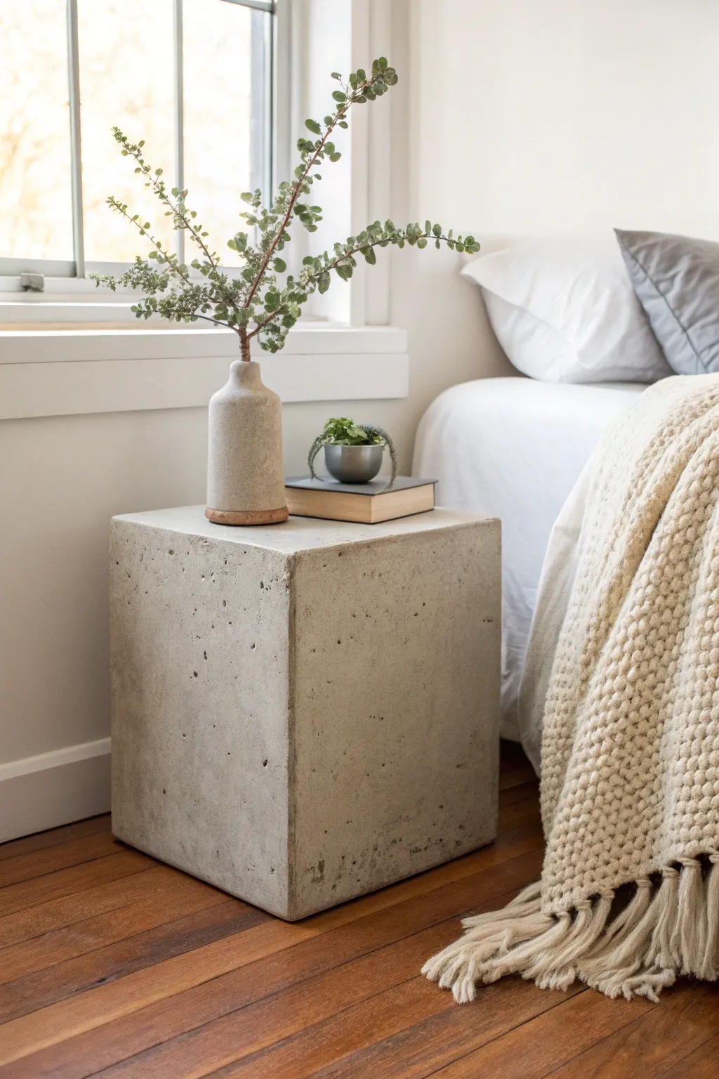 Embrace minimalism with a chic concrete block nightstand, where simplicity meets elegance.