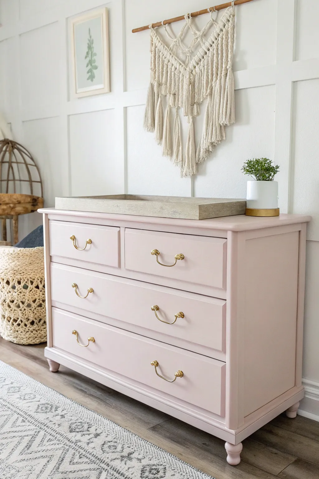 Transform vintage charm into a functional nursery piece with a repurposed dresser changing table. 🌿✨ #DIYNurseryIdeas #ScandiBohoStyle