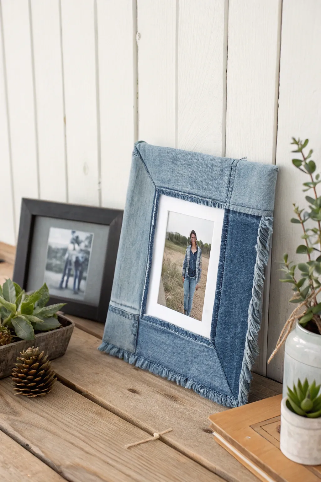 Transform old jeans into chic denim frames for a unique and eco-friendly decor touch.