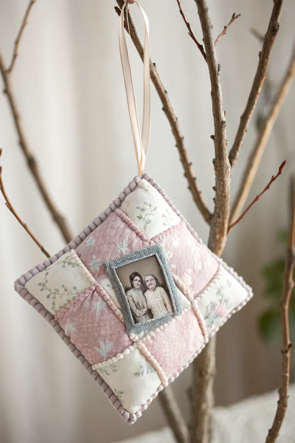 Embrace the warmth of handmade elegance with quilted photo ornaments, a perfect blend of simplicity and craftsmanship.