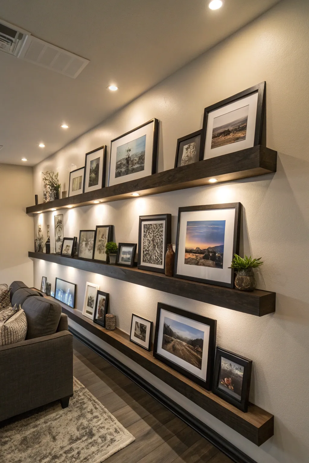 Elevate your living space with a stunning gallery wall of picture ledges—where art meets conversation.
