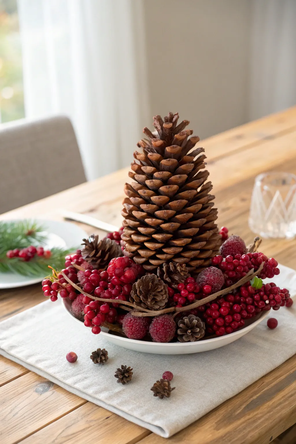 Elevate your winter table with a touch of nature: pine cones and berries in perfect harmony.