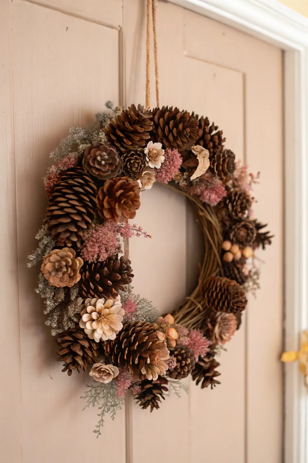 Embrace natural elegance with a pinecone and dried flower wreath, where rustic meets refined.