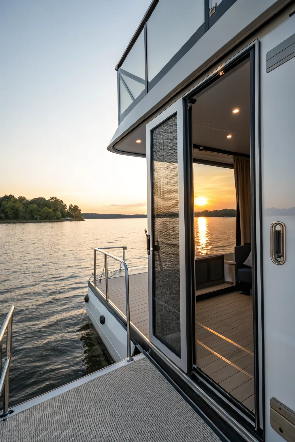 Elevate your pontoon houseboat experience with stylish retractable screen doors – a perfect blend of function and elegance for those tranquil summer nights.