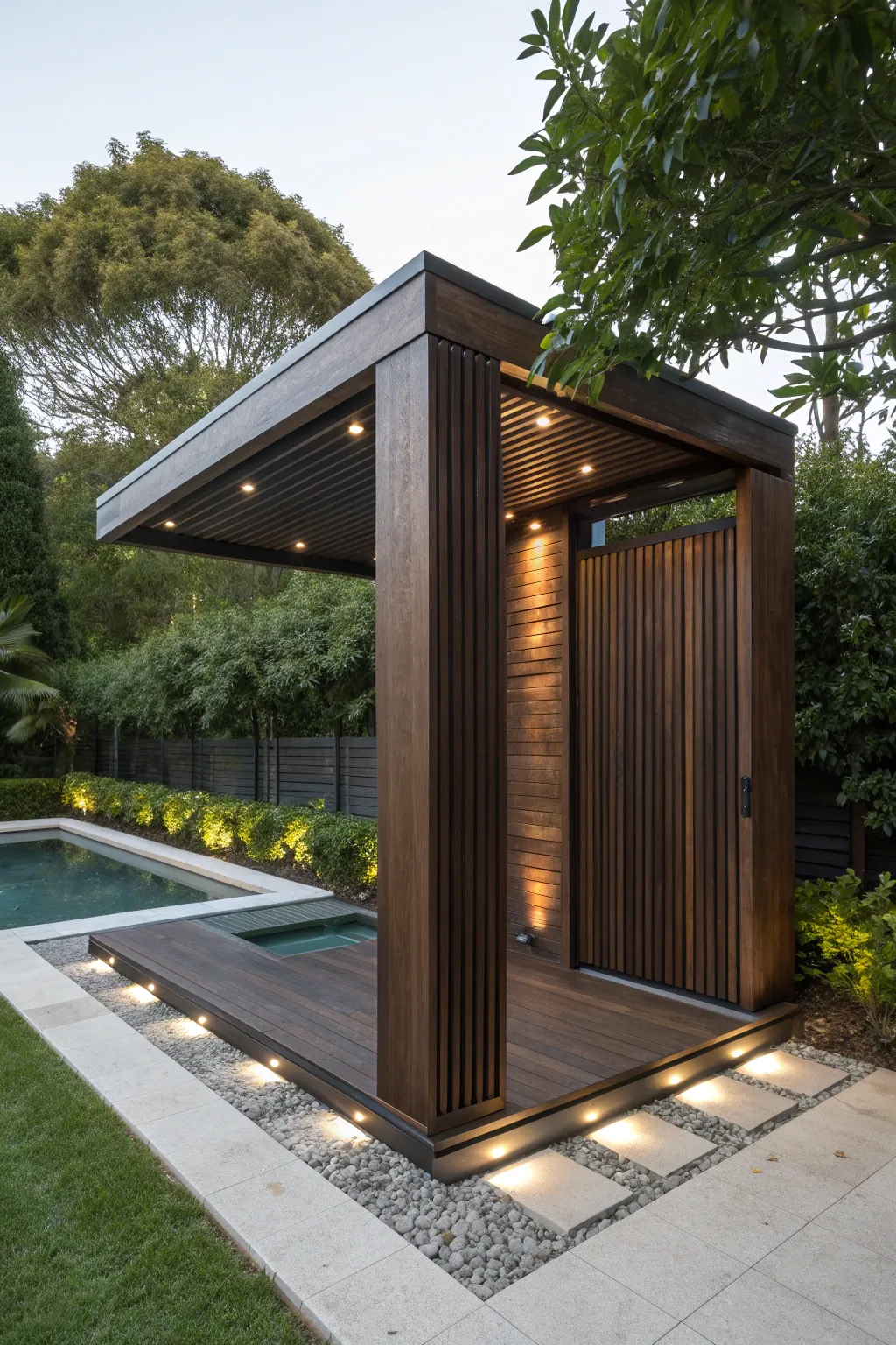 Transform your pool area with a stylish pergola-inspired pump cover that combines functionality with modern design.