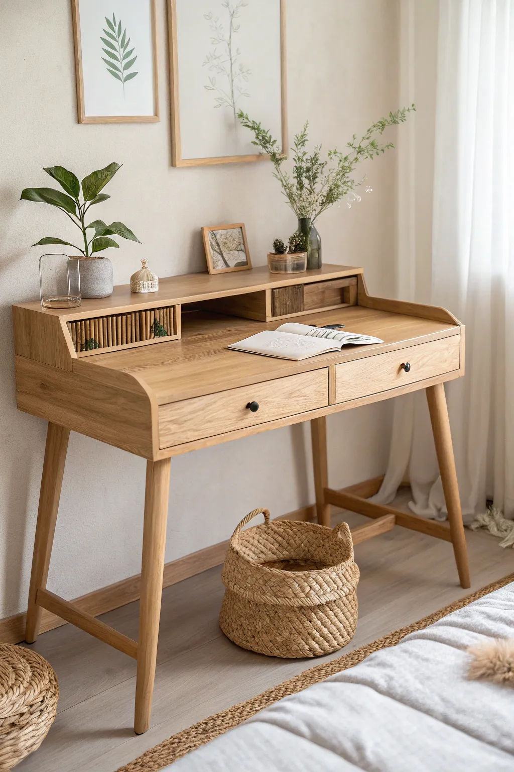 Transform your bedroom with a chic wall-mounted desk, blending minimalist design with a touch of Boho charm. Perfect for creating a cozy, functional workspace.