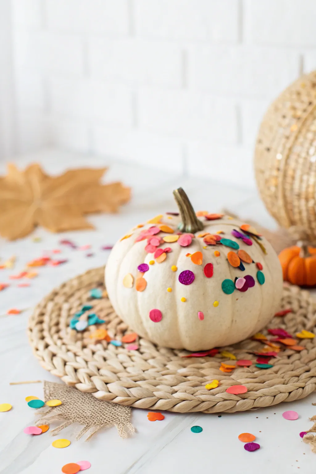 Add a splash of joy to your table with a colorful confetti pumpkin centerpiece!