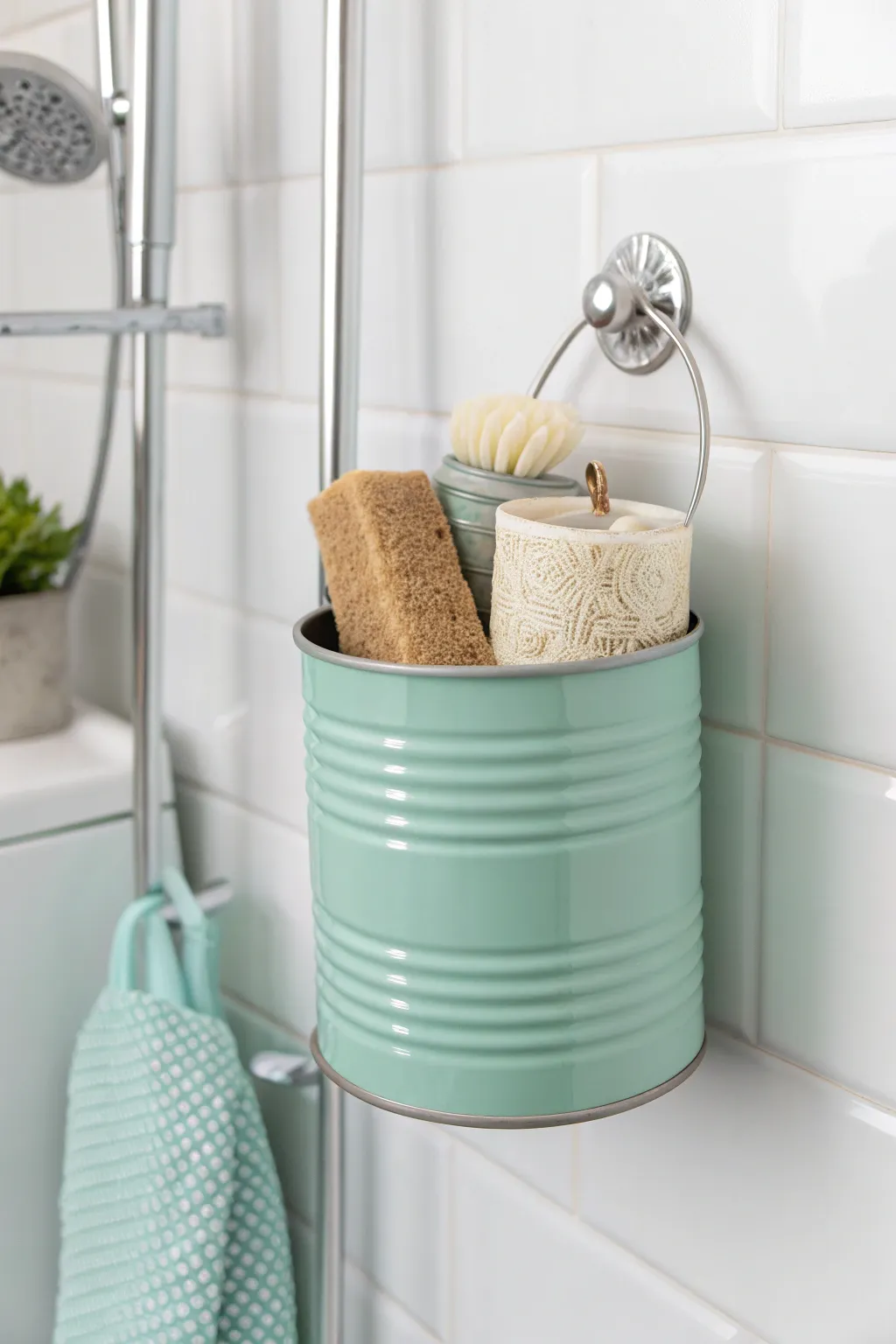 Transform your shower space with charming upcycled tin can holders—eco-friendly storage with a vintage twist!