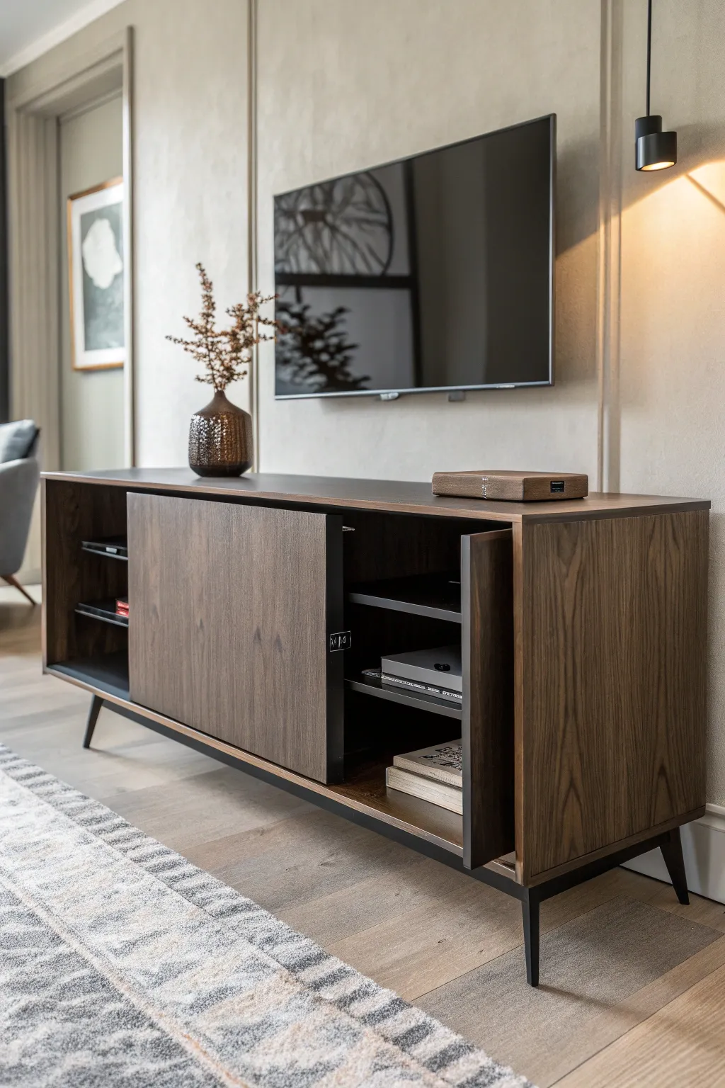 Discover the elegance of hidden storage with this sleek sideboard design, perfect for a clutter-free and stylish living space.