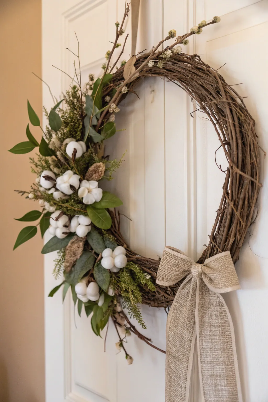 Embrace the art of simplicity with this elegant cotton stem wreath, perfect for a touch of natural beauty and charm this spring.