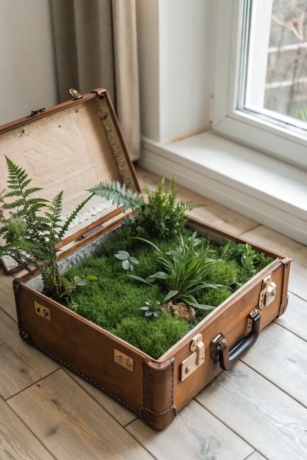 Transform your space into an urban oasis with this whimsical suitcase garden decor.