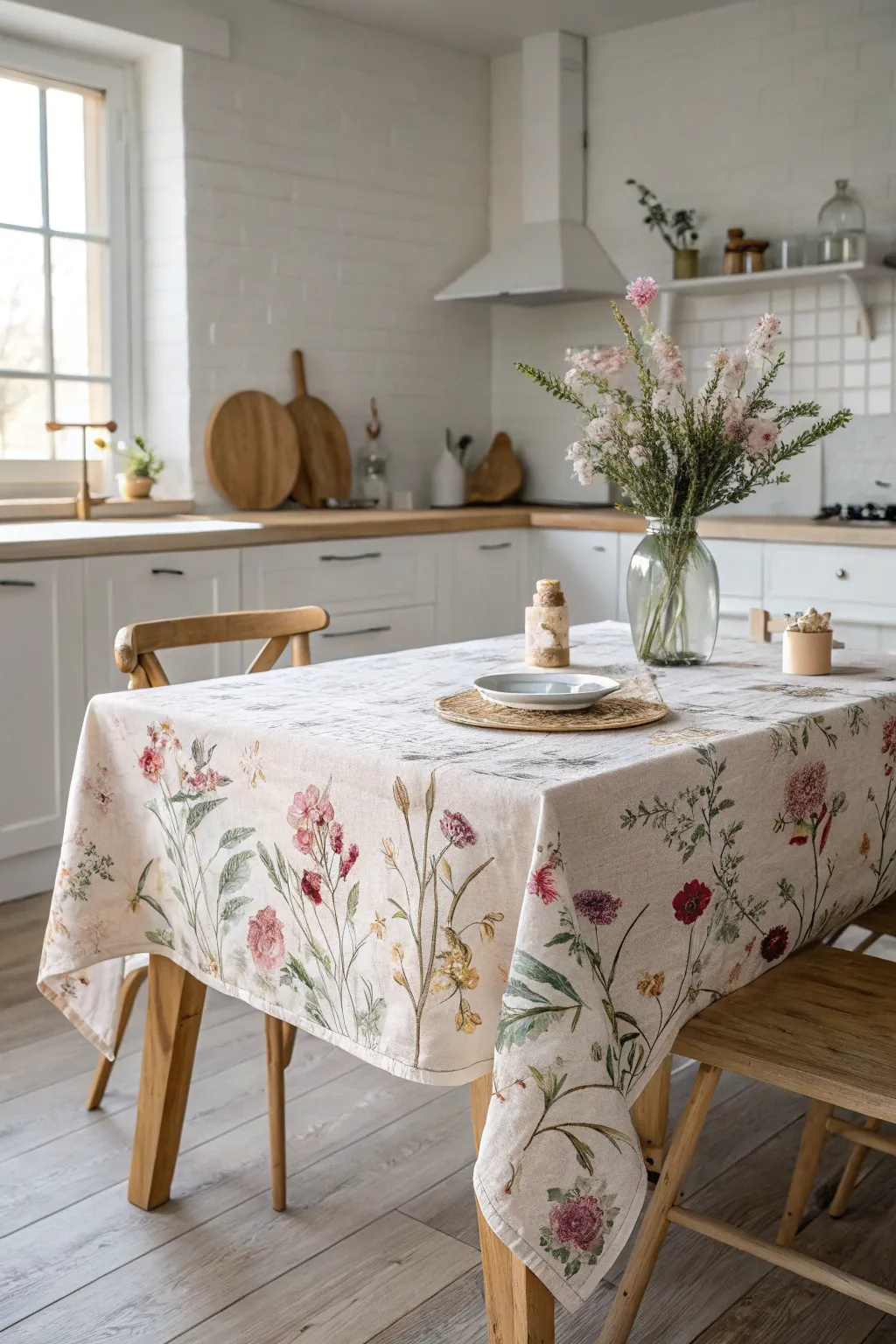 Transform your dining space into a spring garden with an upcycled floral bedsheet table cover.